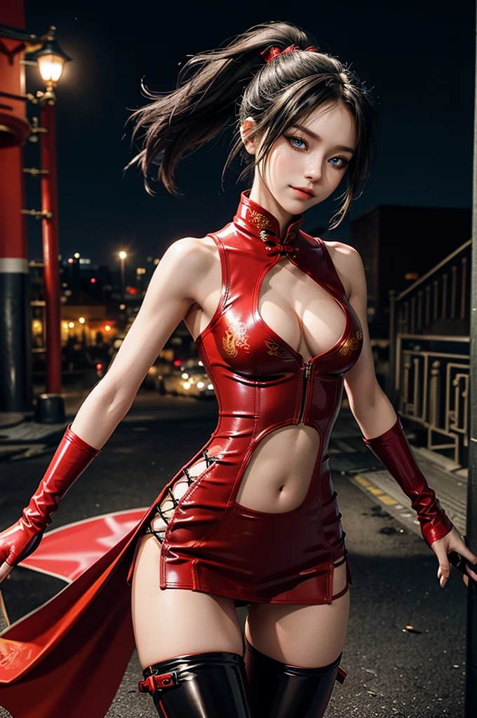 (RAW photo, best quality), Cute girl with short black hair, (ponytail), (city roof at night background), low light , dark eyeliner, cute smile, gorgeous face , super cute, 18 years old , young looking, hyper detailed face, dark eyeliner, (medium breast), (thin waist, super slender), (bare shoulders, (exposed hips), skintight and red PVC qipao china dress with yellow dragon decoration and vivid patterns, deep black leather thigh high boots, ((red PVC fingerless gloves)), cleavage, ((both hands on waist)), one leg in front of the other, (((small navel exposure))), (thigh belt)