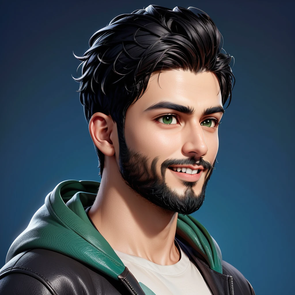 Create a cartoonish caricature 3D animation of a big-headed. a 25 year old Pakistani Businesman. He has short black pixie cut hair. His face is oval with smooth lines, thick and neat black eyebrows, normal eyes, a small, sharp nose, and thin lips with a wide, friendly smile, small beard. He wore a Black green hoodie over an White t-shirt. Gradient blue background. masterpiece, top quality, highly detailed skin and face, ultra-realistic, high definition, sharp focus, 2/3 body angle, Concept Art.