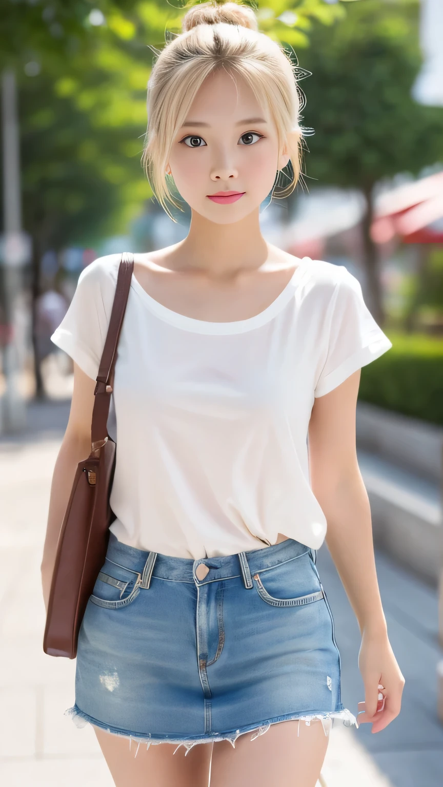 Sunburn marks on tanned skin、blush、Blonde bun hair,A cute -yeld giwith a cute look, A strong wind blows my hair in front of my face、Beautiful big sparkling eyes, Cute eyes hidden by long bangs、Yawn、No visible nasolabial folds、A short, light-colored miniskirt、A summer shirt with cute colorful patterns、Korean Beauty、Cheeks