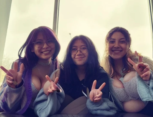 three women sitting on a couch peace signs with their hands, photo taken in 2 0 2 0, profile pic, very very low quality picture, low quality grainy, low quality photo, very grainy, taken in 2 0 2 0, annoying sister vibes, peace sign, low quality photograph, older sister vibes, grainy low quality, childhood friend vibes, threesome, Big , huge , no clothes, sexy, cute, wide hips, thick thighs, pear-shaped body, minimal clothes, thick, bbw, chubby stomach, thick nipples, nipple piercings, large areola, hard nipples, piercing through shirt, nipples hard through shirt, chubby stomach showing, tummy spilling over the side, muffin top, the girls are sexy, large areola showing, huge naked tits, huge cleavage for all 3 girls