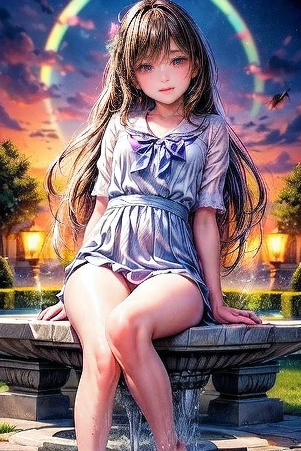 realistic detailed high quality photography, ultra-realistic, photorealistic:1.37, through bangs, 1girl, beautiful young girl, barefoot in a park, water fountain, water splashing, playing in water, rainbow, detailed facial features, long lashes, gorgeous eyes, delicate lips, wet hair, cute schooluniform, natural lighting, golden hour, lush greenery, detailed water droplets, splashing water, colorful rainbow, serene atmosphere, enchanting, magical, dreamlike,sfw:1.2,nijistyle,cute girl,woman