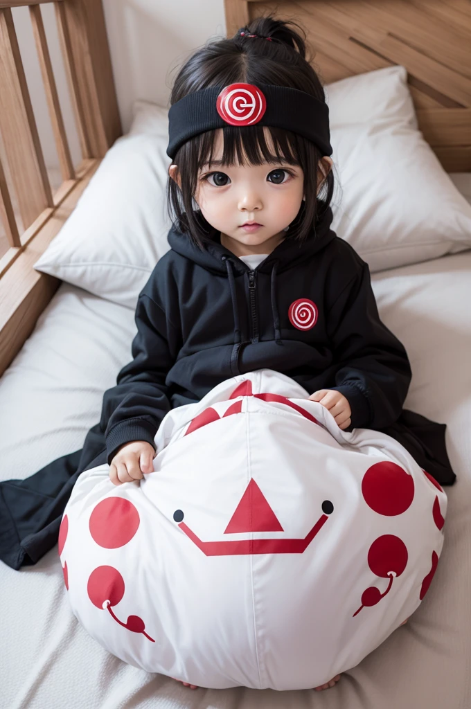 raise a baby inside a Japanese crib with the uchiha symbol on the sheet, and make 1 white streak in the baby's hair, do it in anime quality
