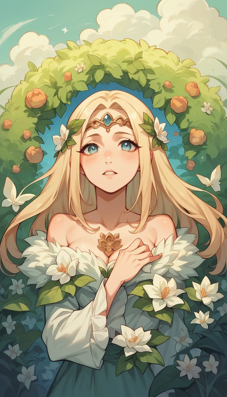 beautiful caucasian anime woman with very long blonde hair (reaching below the waist) which is decorated with roses and leaves. She has a voluptuous figure and is almost completely naked as she only covers her genitals and breasts with green leaves..