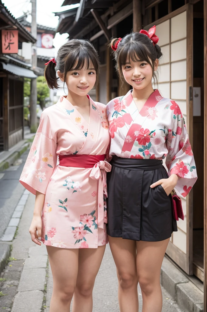 2 girls standing in old-Japanese street,floral pink yukata with red obi,18-year-old,bangs,a little smile,thighs,knees,short hair and low pigtails with red ribbon bow,from before,front light