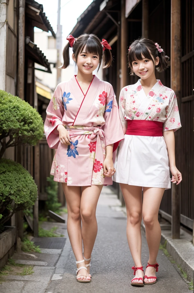 2 girls standing in old-Japanese street,floral pink yukata with red obi,18-year-old,bangs,a little smile,thighs,knees,short hair and low pigtails with red ribbon bow,from before,front light