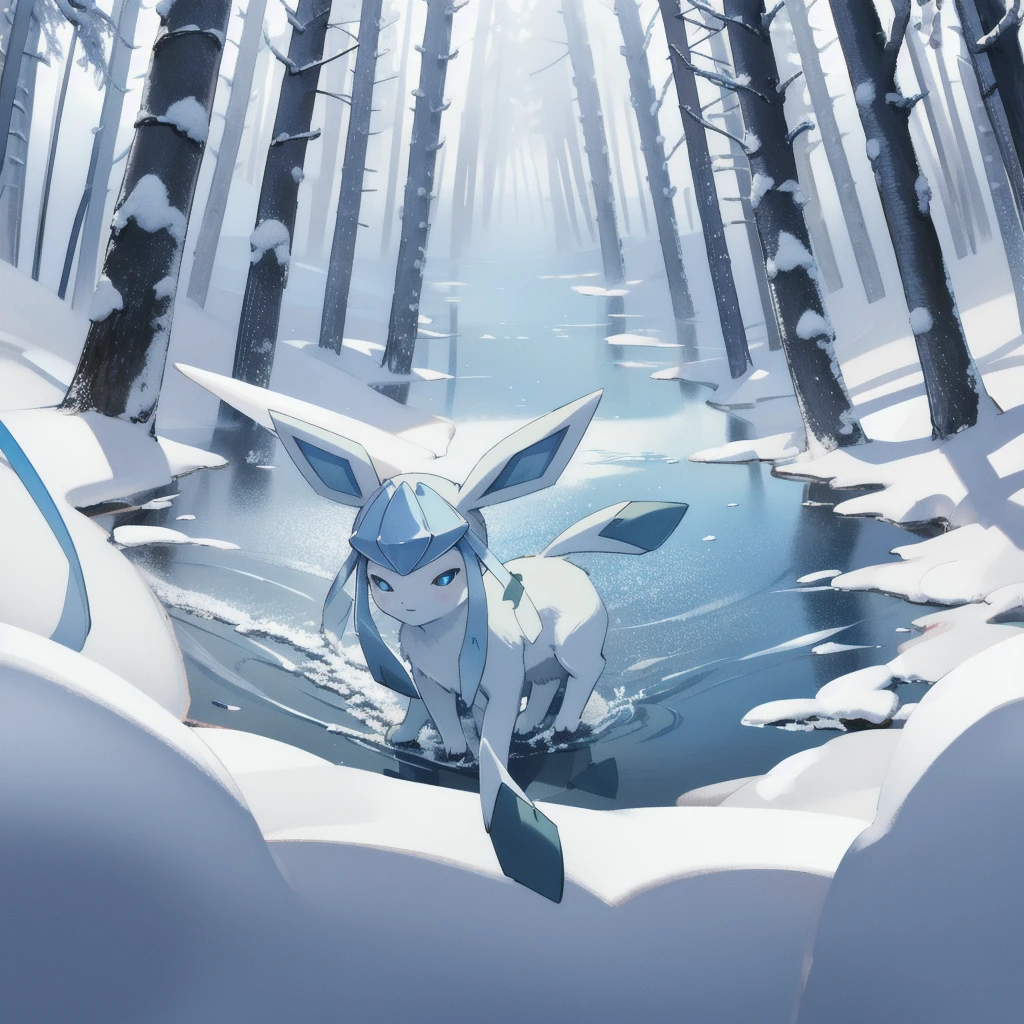 glaceon, snow,pokemon \(creature\),animal, full body, tree,, (masterpiece, best quality,absurdres: 1.2),, perfect hands,, masterpiece,best quality,ultra-detailed,very detailed illustrations,extremely detailed,intricate details,highres,super complex details,extremely detailed 8k cg wallpaper