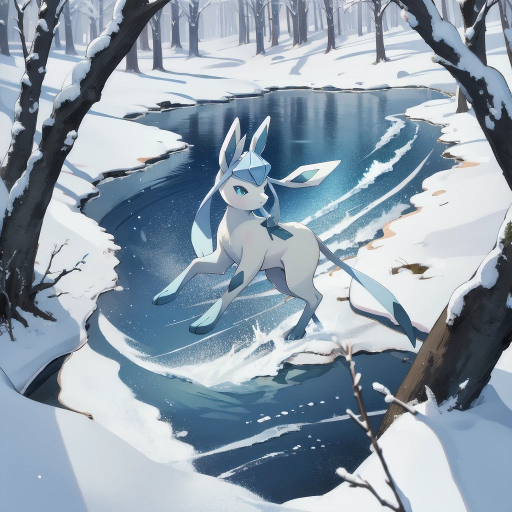 glaceon, snow,pokemon \(creature\),animal, full body, tree,, (masterpiece, best quality,absurdres: 1.2),, perfect hands,, masterpiece,best quality,ultra-detailed,very detailed illustrations,extremely detailed,intricate details,highres,super complex details,extremely detailed 8k cg wallpaper