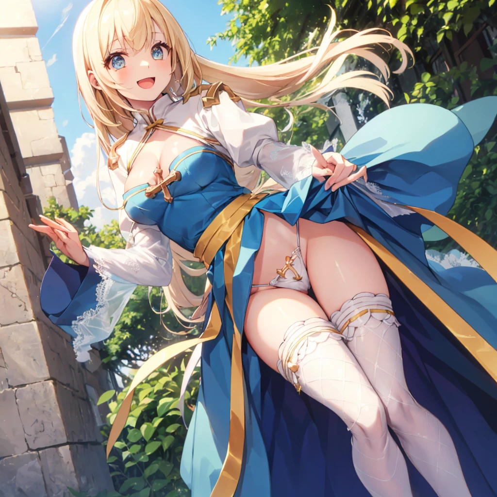 Texture CG,((Ultra Detail Art)),((​master piece)),(extremely details CG),1girl,solo,ragnarokarch,,(skirt pull,skirt lift,revealing ,pelvic curtain pull,pelvic curtain lift),gal,gyaru,beautiful breasts,slim body,slim legs,collarbones,slim and smooth lines,slim waist,small butt,( slip:1.2),(from below:1.2),(ass visible through thighs),( shot),wind lift,(highleg ,,white ,),(White Puff Sleeves,white thigh thighs,Gold Sash,White blue dress from neck to chest,cleavage cutout,Long blue skirt with slit),((over the knee length pelvic curtain)),(Blue Wide Sleeve,(Blue Dress wedgie Front)),long hair,golden blonde hair,Curve,Beautiful detailed eyes ,gleaming skin,open mouth,smile,outsides,clear sky,in summer,windy,garden, 