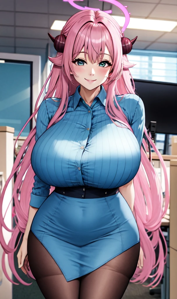 ((masterpiece, best quality)), (1girl),((mature female)), lightpink hair, halo, horn, ((office lady )),bangs,middle breast,(busty),slim,smile, [wide hips],office,standing, aru \(blue archive\),
