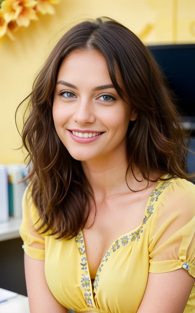 smiling, happy, beautiful brunette, standing at an office desk, smiling wearing a pretty yellow dress with flowers on, large office with computers, very detailed, 40 years, innocent face, long hair, natural wavy, blue eyes, high resolution, masterpiece, best quality, intricate details, highly detailed, sharp focus, detailed skin, realistic skin texture, texture, detailed eyes, professional, 4k, charming smile, shot on Canon, 85mm, shallow depth of field, kodak vision color, perfect fit body, extremely detailed, foto_\(ultra\), photorealistic, realistic, post-processing, maximum detail, roughness, real life, ultra realistic, photorealism, photography, 8k uhd, photography, busty