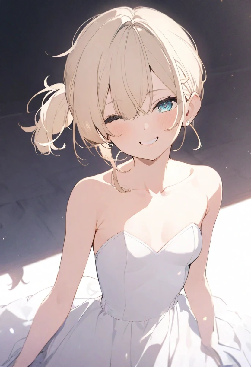 (masterpiece), (best quality), perfect face, beautiful girl, white background background, delicate and beautiful face and eyes, dark intense shadow, 
1 girl, vtuber style, cool girl, hololive, Kazama Iroha, short ponytail, Wedding dress, small chest, cropped shoulders, clavicle, winking, smile, body visible through clothes, chest visible through clothes, ass visible through thighs, (full body), looking at viewer, standing,