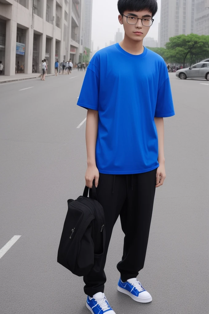 21 year old Beijing boy, he is wearing a oversize xxl blue plain t-shirt, he is wearing black trousers, he is wearing sneakers, he is wearing glasses, city, full body, he is buzz cut Hair, foot, walking
