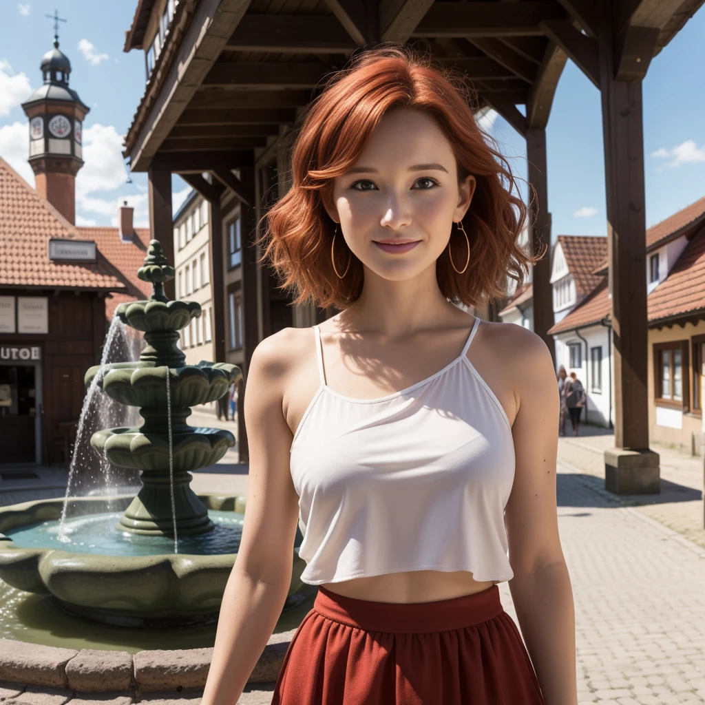 in the picture only a single woman with a head and an anatomically correct body, beach of sylt, a single -yeld one beach, wunderschöne Red-Hairede junge Frau , beautiful detaileld face, perfect face, perfect body body, perfect anatomy, wearing nice stylish earrings, Red-Haired (Christa Theret: 1.3), ( Alexia Fast: 1.3), with polymer clay leaf earrings, beautiful colorful earrings,Highly detailed youthful face, proporções perfeitas, ((red hair)), pony tail, curly hair, stylish skirt and top, very detailed, curly short hair, Relaxed smile, 16K, HDR, broad light, high contrast, keen focus, RAW color photo, Außenaufnahme, Town, Shopping mile, historic half-timbered old town, historical sexy fountain