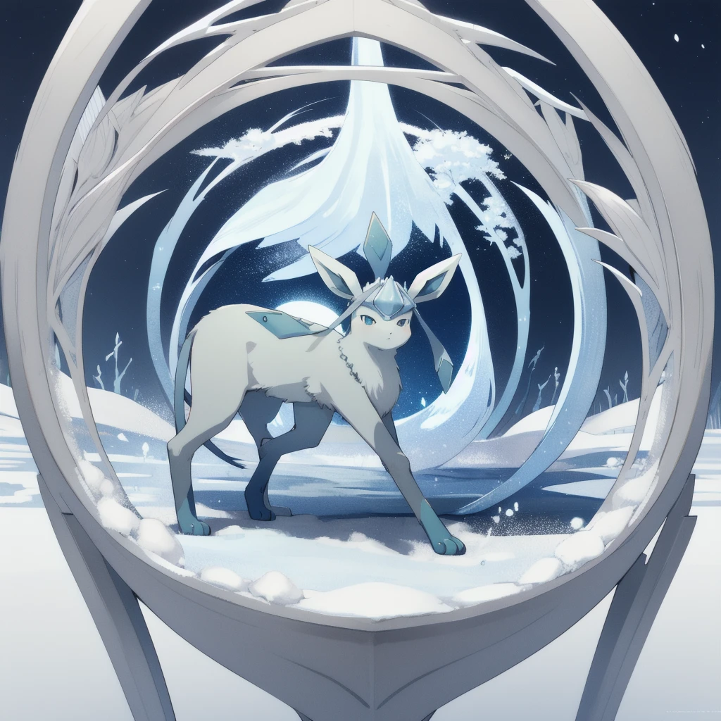 glaceon, snow,pokemon \(creature\),animal, full body, tree,, (masterpiece, best quality,absurdres: 1.2),, perfect hands,, masterpiece,best quality,ultra-detailed,very detailed illustrations,extremely detailed,intricate details,highres,super complex details,extremely detailed 8k cg wallpaper