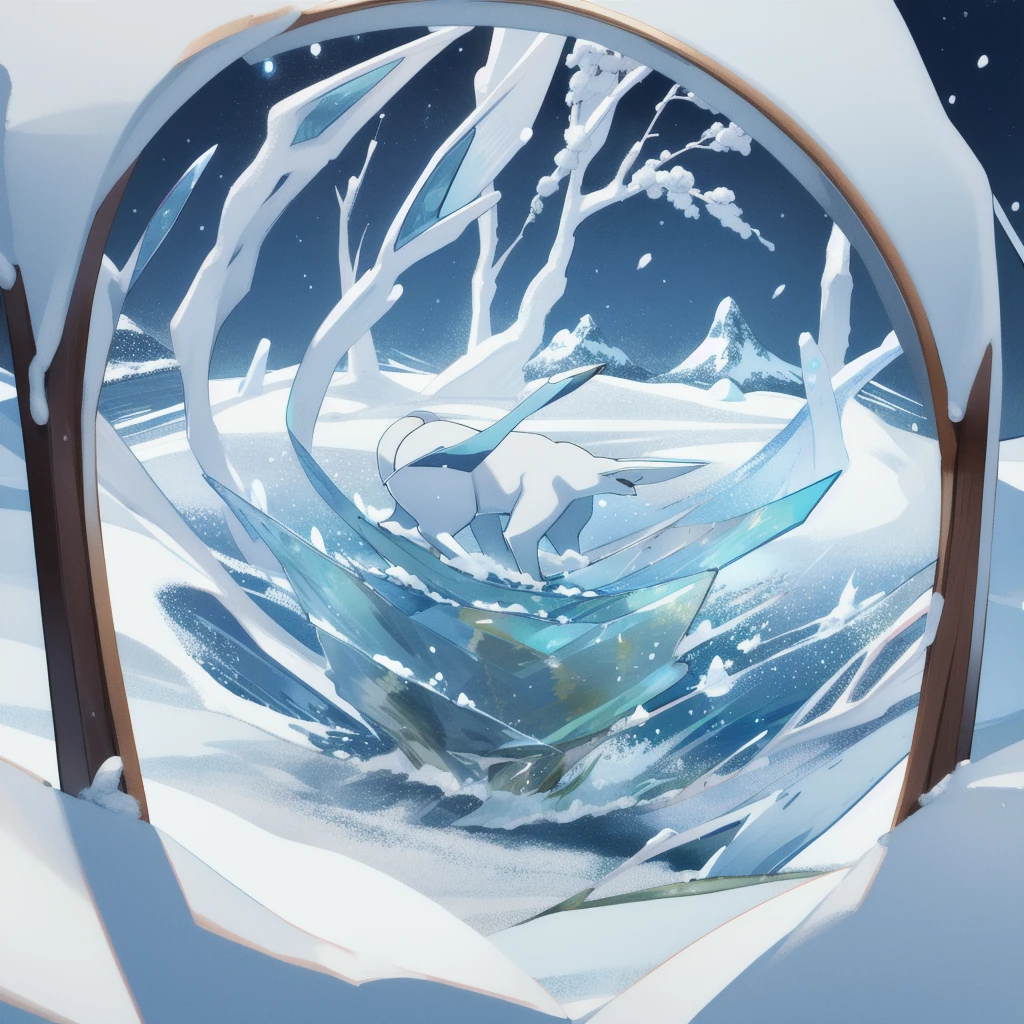 glaceon, snow,pokemon \(creature\),animal, full body, tree,, (masterpiece, best quality,absurdres: 1.2),, perfect hands,, masterpiece,best quality,ultra-detailed,very detailed illustrations,extremely detailed,intricate details,highres,super complex details,extremely detailed 8k cg wallpaper
