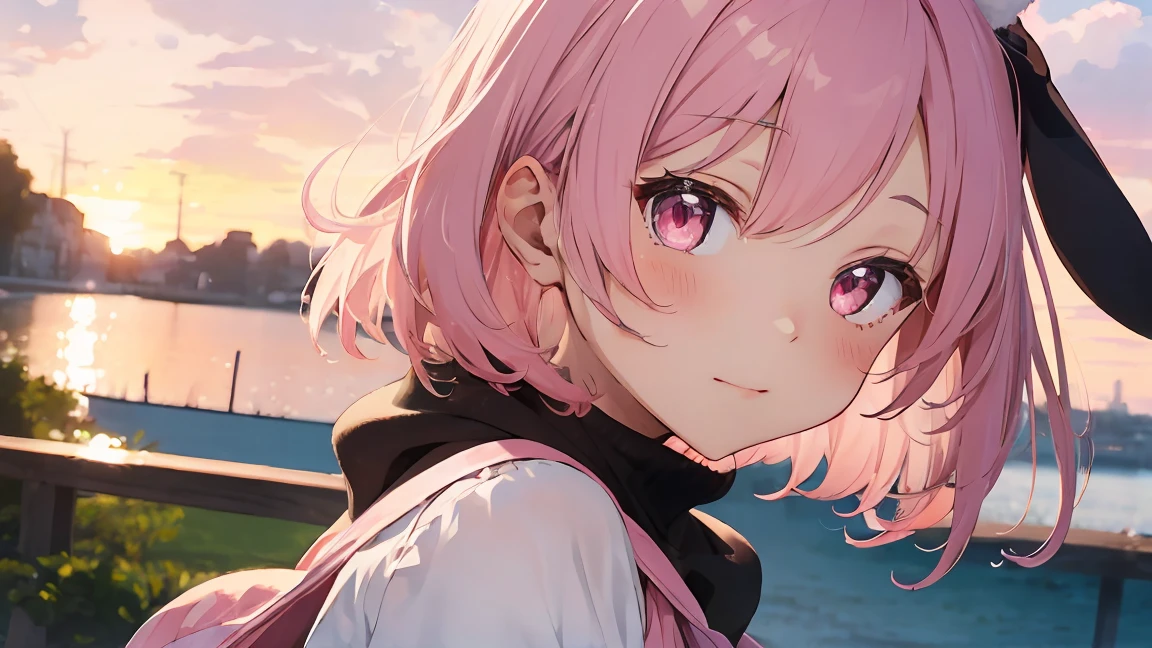 summer, Pink Cloud, Distant sky, High Definition Cute Girl, pastel colour, Fluffy bunny ears, Pink short bob,Pale pink eyes,