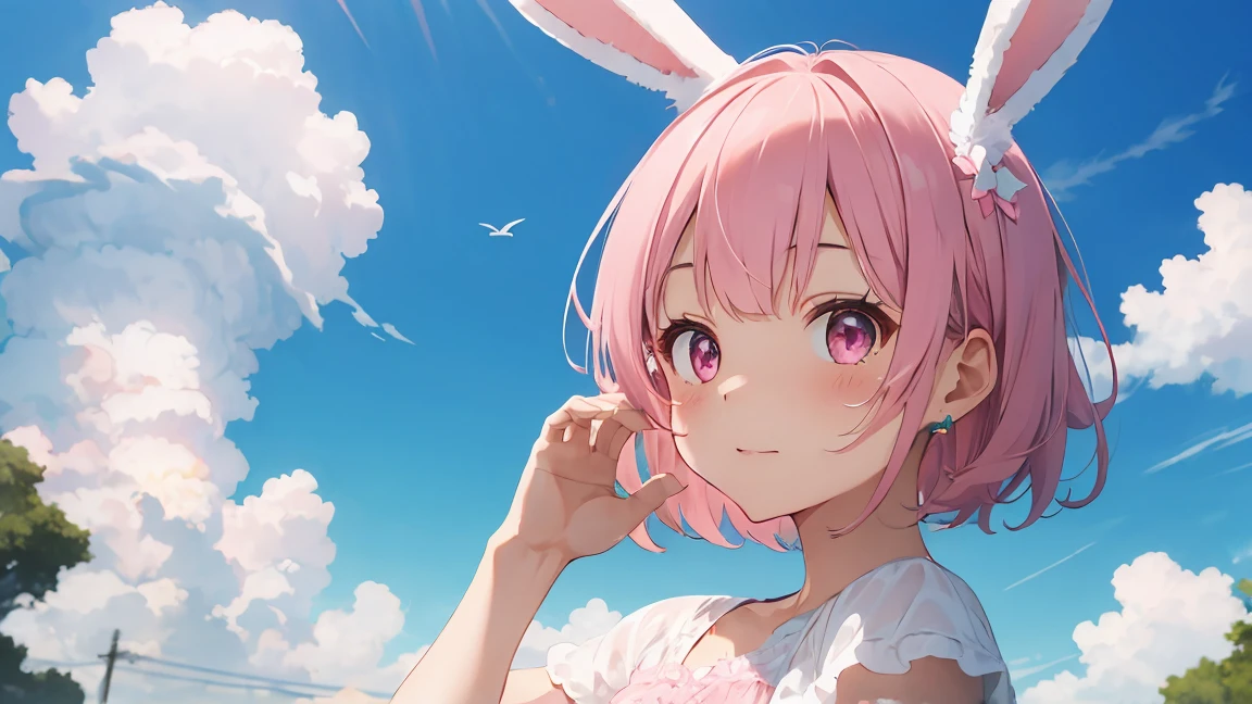 summer, Pink Cloud, Distant sky, High Definition Cute Girl, pastel colour, Fluffy bunny ears, Pink short bob,Pale pink eyes,