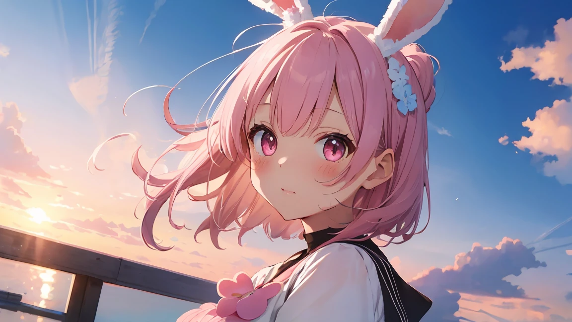 summer, Pink Cloud, Distant sky, High Definition Cute Girl, pastel colour, Fluffy bunny ears, Pink short bob,Pale pink eyes,