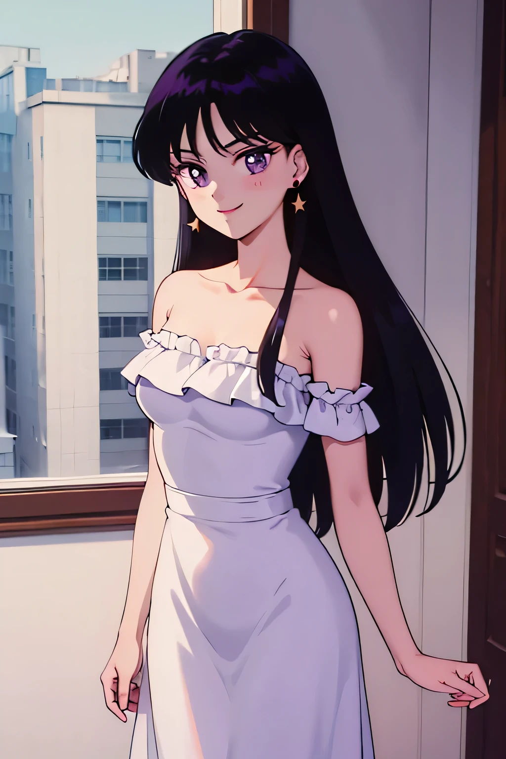 1 girl, solo, Rei Hino, Long Black Hair, Purple eyes, bare shoulders, star earrings, strapless, off shoulders, white ruffle off the shoulder maxi dress, smile, ballroom, columns, cowboy shot, facing viewer, absurdres, ultra detailed, masterpiece, best quality, r, window of a purple sundown