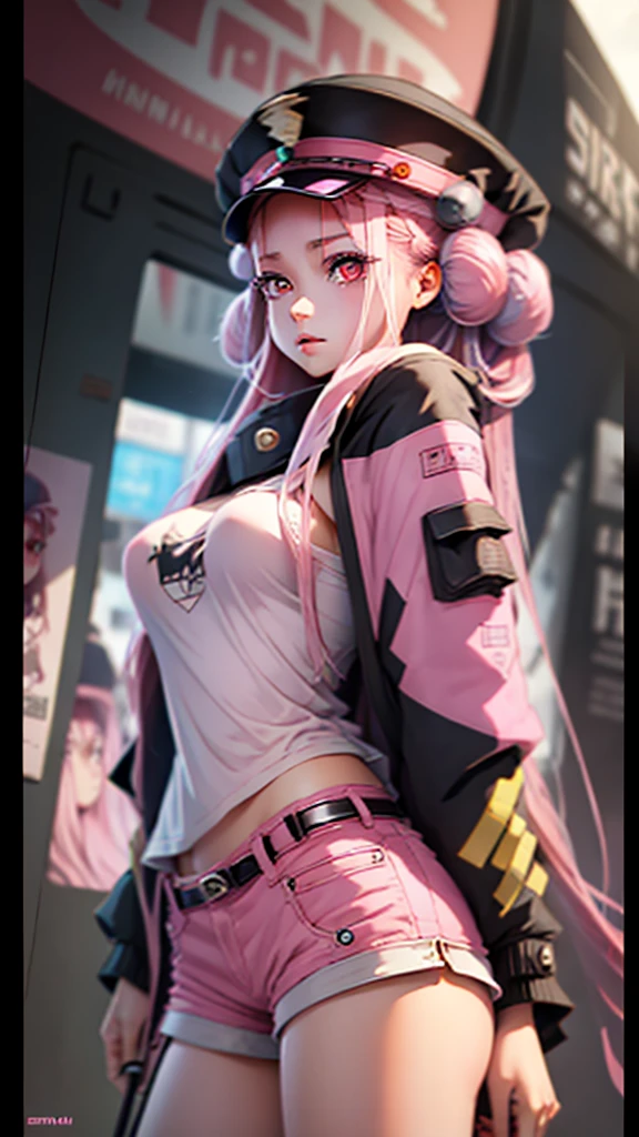 Beautiful woman medium hair, Wearing a hat, Cyberpunk Shorts,masterpiece, Highest quality, High resolution, (An illustration),{Detailed and beautiful eyes}, finely, Detailed and beautiful eyes,(((Pink Eyes))),(((Long pink hair))),(Small breasts),Kunimi Tama,