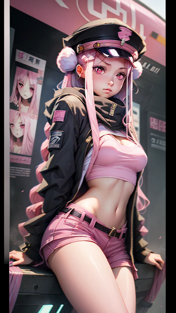 Beautiful woman medium hair, Wearing a hat, Cyberpunk Shorts,masterpiece, Highest quality, High resolution, (An illustration),{Detailed and beautiful eyes}, finely,  Detailed and beautiful eyes,(((Pink Eyes))),(((Long pink hair))),(Small breasts),Kunimi Tama,