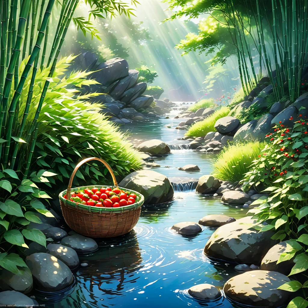 Sunlight filters through the trees onto a gently flowing stream, dappling the surface with shimmering light. A rustic bamboo basket, nestled amongst the rocks, holds a few plump tomatoes and crisp cucumbers, their vibrant colors contrasting beautifully with the smooth, grey stones. The cool, clear water rushes over the vegetables, carrying with it the essence of a perfect summer day. beautiful anime scenery, landscape painting, beautiful digital painting, andreas rocha, illustration of beautiful artwork, amazing wallpaper, raymond swanland, tall beautiful painting, studio ghibli makoto shinkai, beautiful wallpaper, anime scenery refreshing, nostalgic, summer, japan, nature, no humans simple, minimalist