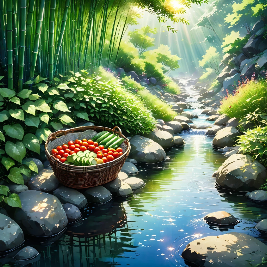 Sunlight filters through the trees onto a gently flowing stream, dappling the surface with shimmering light. A rustic bamboo basket, nestled amongst the rocks, holds a few plump tomatoes and crisp cucumbers, their vibrant colors contrasting beautifully with the smooth, grey stones. The cool, clear water rushes over the vegetables, carrying with it the essence of a perfect summer day. beautiful anime scenery, landscape painting, beautiful digital painting, andreas rocha, illustration of beautiful artwork, amazing wallpaper, raymond swanland, tall beautiful painting, studio ghibli makoto shinkai, beautiful wallpaper, anime scenery refreshing, nostalgic, summer, japan, nature, no humans simple, minimalist