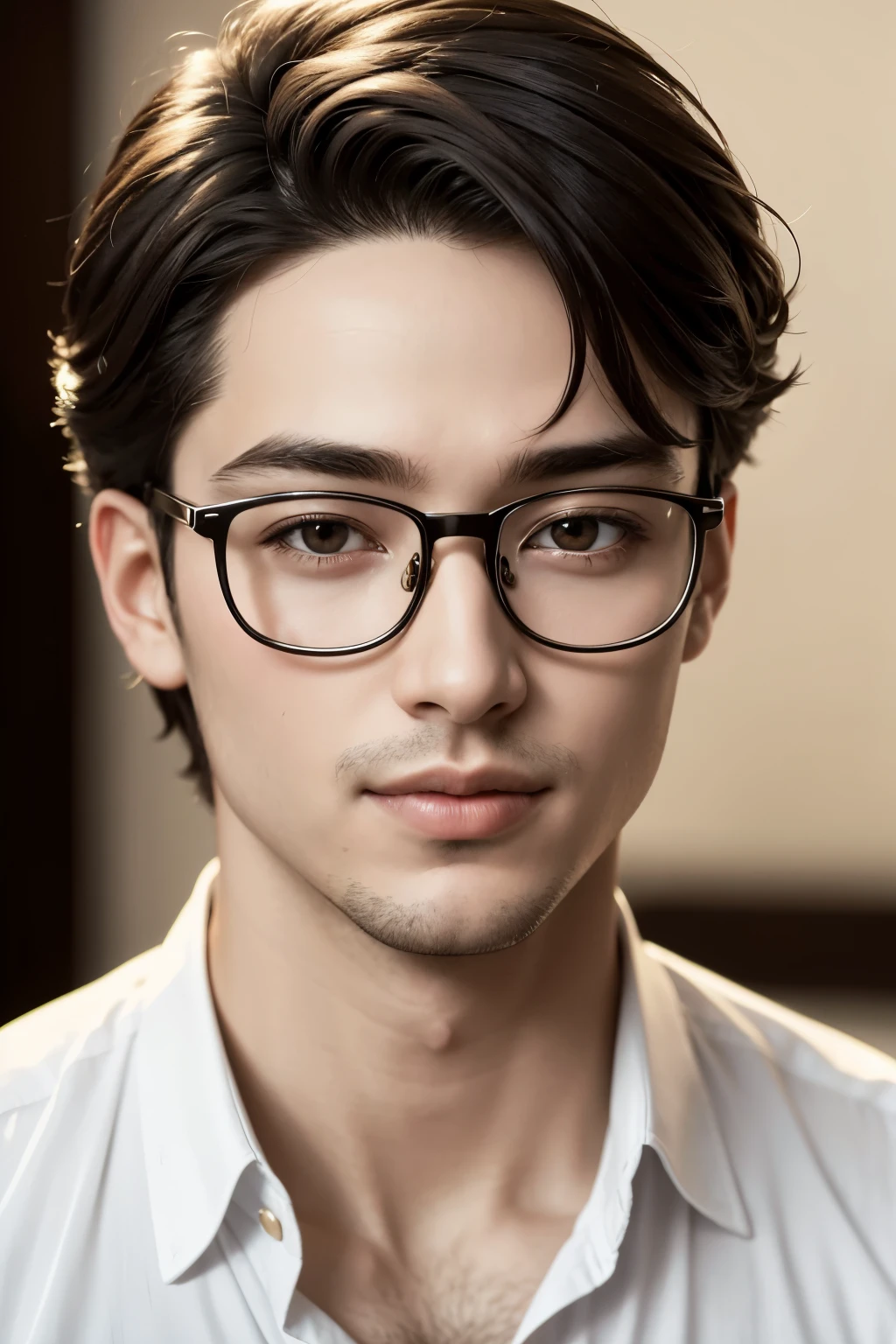 A young man of approximately 25 years old, Portrayed in 3D style with realistic textures. He wears modern prescription glasses, highlighting its serious and intellectual expression. His symmetrical face features clear eyes visible through the lenses of his glasses., with short, well-groomed hair that reflects ambient light. He's facing the camera, conveying confidence with a slight discreet smile on the lips. Soft lighting highlights facial details and subtle shadowing creates depth, resulting in a captivating and realistic portrait.



