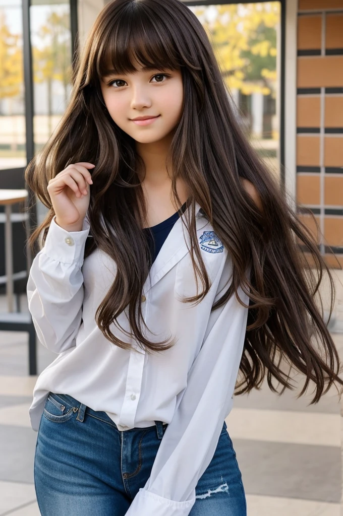 A pretty 17 year old girl with long hair with wavy bangs with a cute and pretty face in a school