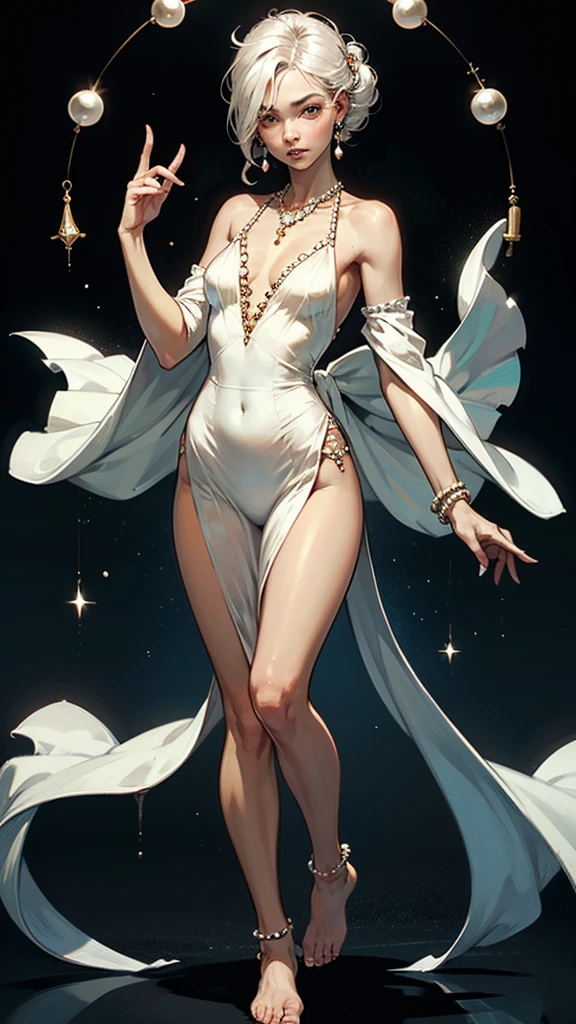 a girl、a baby face、Very cute、slim and beautiful、((small :1.2))、eyes well drawn、charming eyes、double tail、Wear jewelry and pearls around your neck， openwork、Deep V、Crystal Pearls、在Wear jewelry and pearls around your neck，white hair, Showing thighs,  shoulders, showing clavicle, Yao Liu, barefoot，((whole body))、painful posture