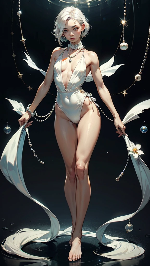 a girl、a baby face、Very cute、slim and beautiful、((small :1.2))、eyes well drawn、charming eyes、double tail、Wear jewelry and pearls around your neck， openwork、Deep V、Crystal Pearls、在Wear jewelry and pearls around your neck，white hair, Showing thighs,  shoulders, showing clavicle, Yao Liu, barefoot，((whole body))、painful posture