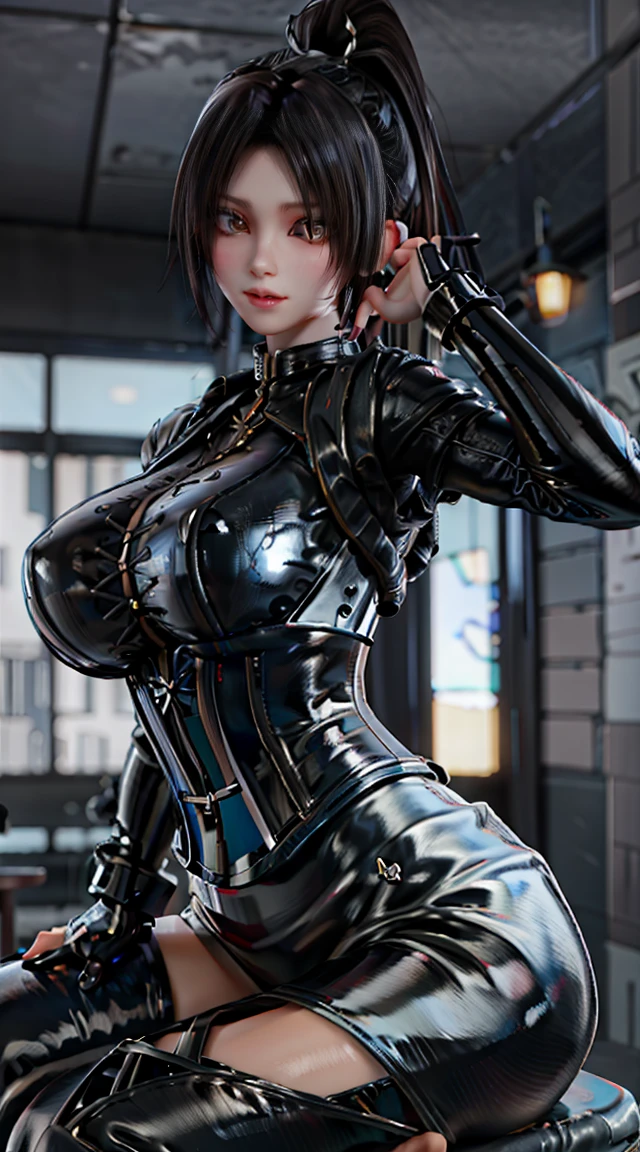 ,Sitting，Leather pants,black leather corset、Short black hair、Beautiful body