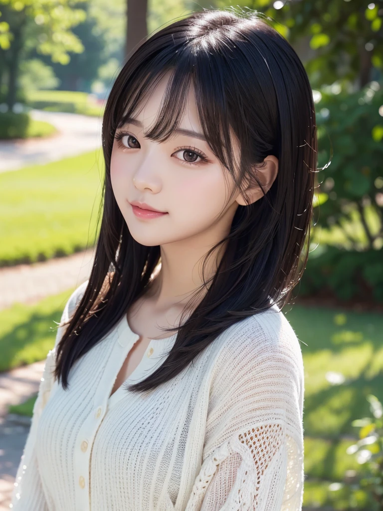 Park Background、masterpiece, Black Hair，Highest quality, figure, Ultra-detailed, finely, High resolution, 8K Wallpaper, Beautiful and fine details, Medium Hair,Color Lip, cute,cute