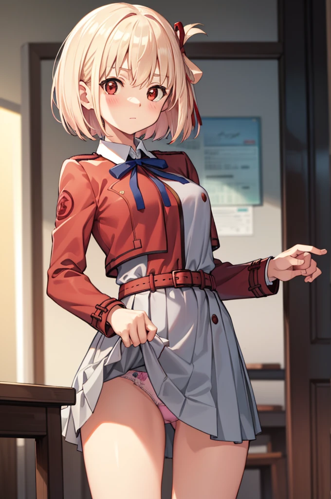 chisatonishikigi, nishikigi chisato, short hair, bangs, blonde hair, (red eyes:1.5), hair ribbon, one side up, bob cut,
BREAK shirt, long sleeves, dress, ribbon, white shirt, collared shirt, belt, neck ribbon, red dress, blue ribbon, pleated dress, grey dress, two-tone dress, red belt, lycoris uniform,,

BREAK looking at viewer, BREAK (masterpiece:1.2), best quality, high resolution, unity 8k wallpaper, (illustration:0.8), (beautiful detailed eyes:1.6), extremely detailed face, perfect lighting, extremely detailed CG, (perfect hands, perfect anatomy),　　　　　　best quality, extremely detailed, (illustration:1.2), high-resolution, 8k cg wallpaper, stunning art, (perfect lifted own skirt by self:1.3), line up show thighs completely, bare all navel, shiny eyes, very lovingly face, shy, (blush:1.2), , face to face, in the classroom, cowboy shot, front view, straight view, (all girls perfect show own pink panties completely:1.3)