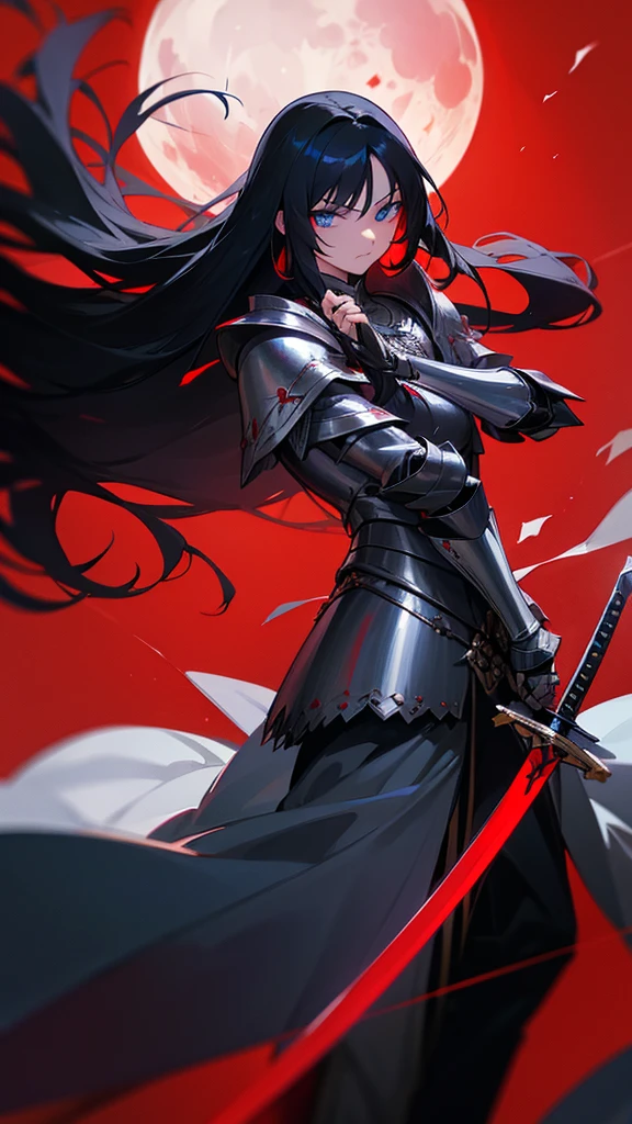 (long hair) (black hair) (silver armor) (crimson moon) (dark blue eyes) (carry long sword)