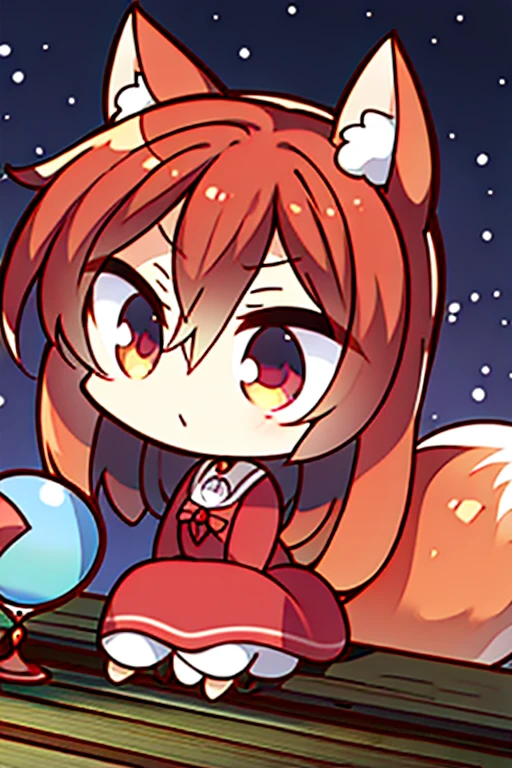 A red haired fox woman with a left red eye and right blue eye with an hourglass figure with red fox ears and a red fox tail in a cute summer dress is watching the stars at night on a rooftop