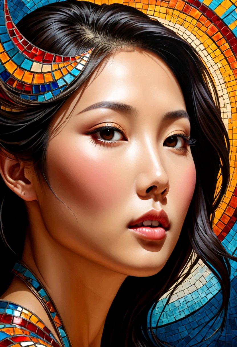 oil painting,asian woman'face,side view(มีเพียงfaceที่อ้าปากกว้างเท่านั้นที่กรีดร้องด้วยความโกรธ..),Something came out of his mouth...,explosion of parts The device is a three-dimensional cube.. , mosaic art, Masterpiece, bright colors, , Highly detailed, , fractal art, , 8K, geometric concept art, sharp line