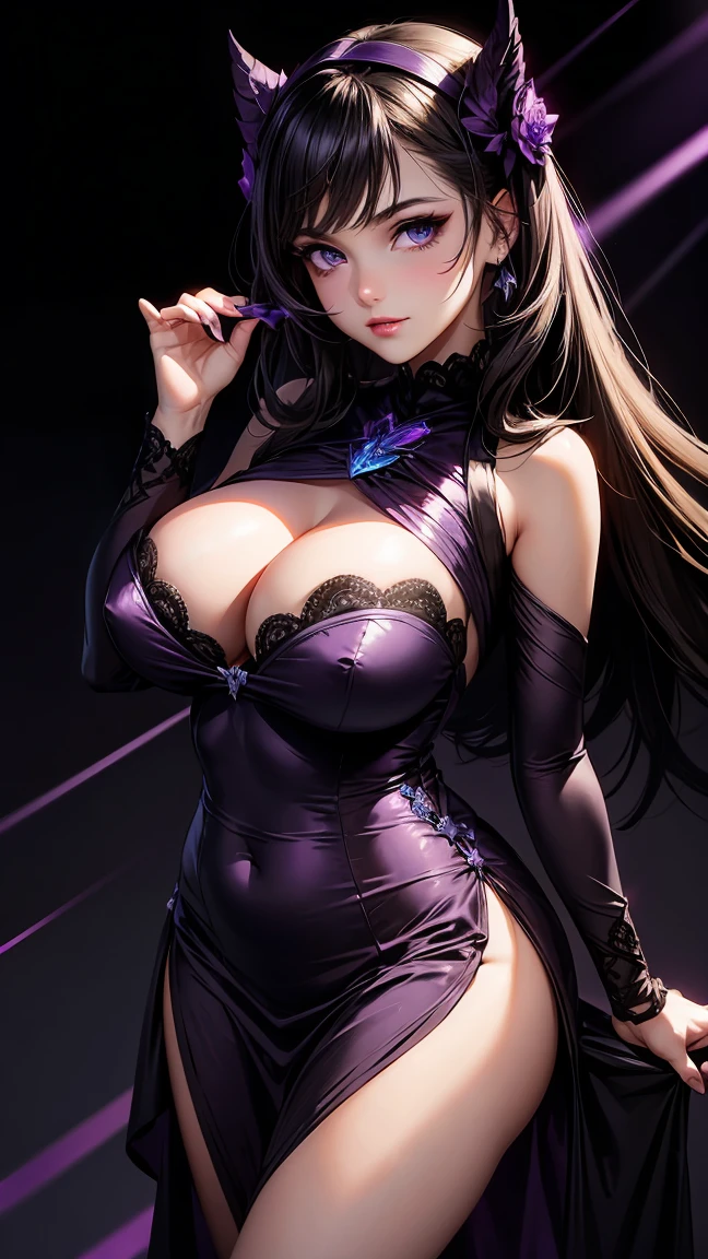 vector image, vibrant colours, smooth gradation, best quality, masterpiece, absurdres, ((isolated)), (dark black background), (detailed face and eyes:1.2), smirking, detailed beautiful eyes, eyelashes, glossy full lips, sensual, volumetric lights, medium shot, ((half body shot)), bursting out breasts, busty, full cleavage, curvaceous, ((())), thin tight satin dress, |BREAK| (((purple tinted lighting))), smokey eyes