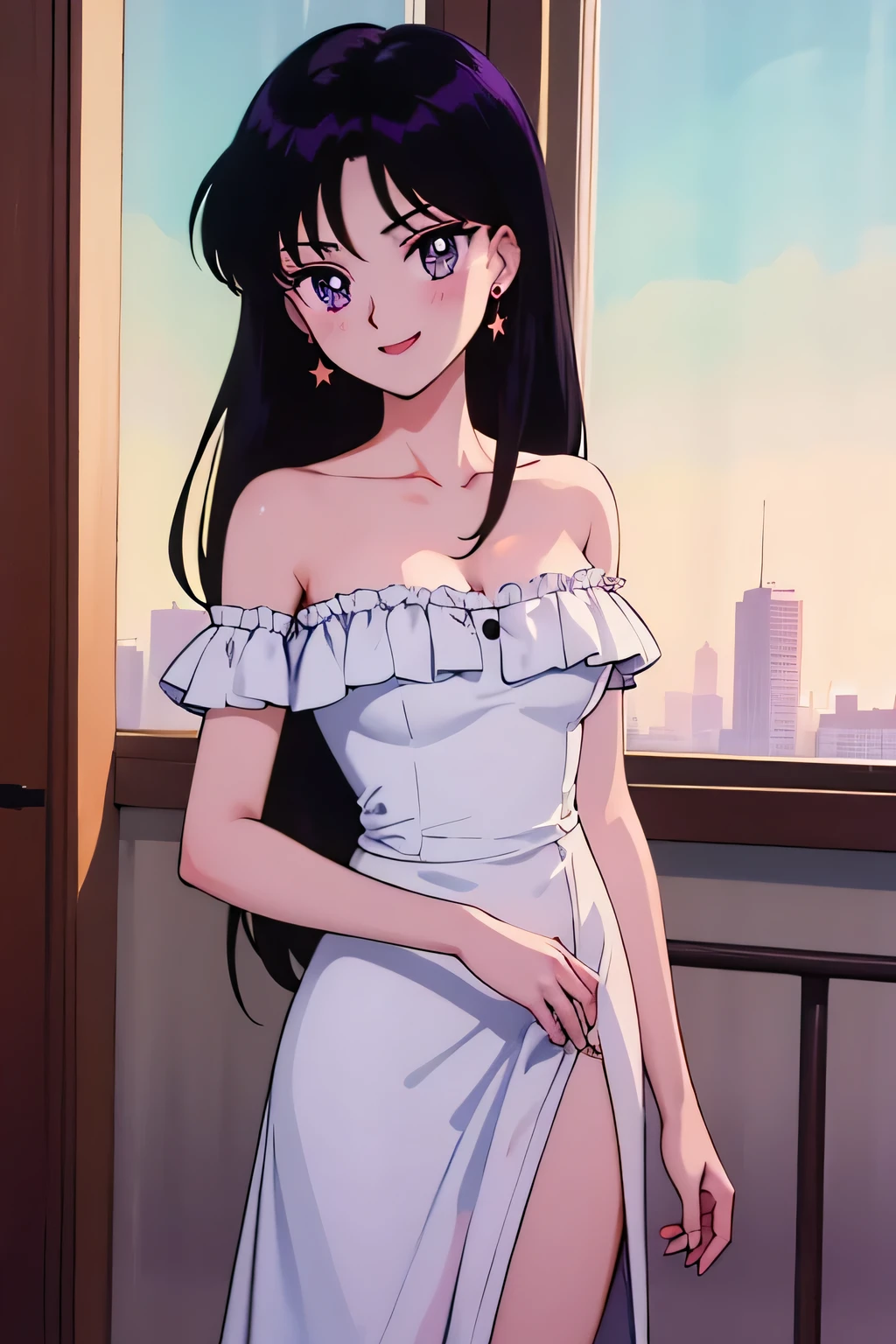 1 girl, solo, Rei Hino, Long Black Hair, Purple eyes, bare shoulders, star earrings, strapless, off shoulders, white ruffle off the shoulder maxi dress, smile, ballroom, columns, cowboy shot, facing viewer, absurdres, ultra detailed, masterpiece, best quality, r, window of a purple sundown