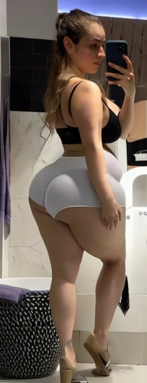 arafed woman in tight shorts taking a selfie in a bathroom, shapely derriere, toned derriere, thicc, buttshape, thicc build, booty shorts, shapely toned derriere, shaped derriere, thick thigs, thick outline, derriere, thick, thighs close up, perfect shape, round thighs, big ass, huge ass, bbw, from behind, thick, thick thighs, wide hips, bbw, big , sideboob, giant ass, back view, big butt, round butt, tight underwear, underwear halfway off, underwear taking off, grabbing ass, ass spilling over underwear, too thick for clothes, no clothes, from behind, grab ass, naked huge thick ass