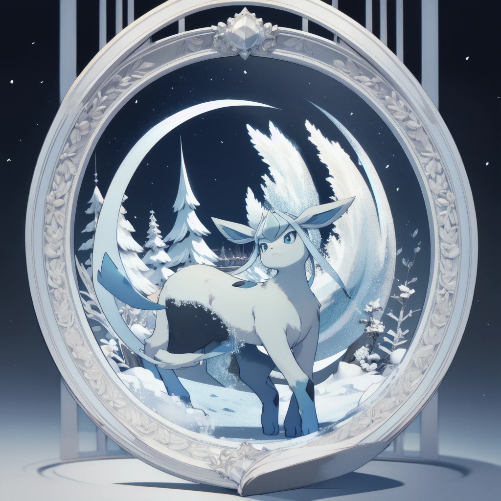 glaceon, snow,pokemon \(creature\),animal, full body, tree,, (masterpiece, best quality,absurdres: 1.2),, perfect hands,, masterpiece,best quality,ultra-detailed,very detailed illustrations,extremely detailed,intricate details,highres,super complex details,extremely detailed 8k cg wallpaper