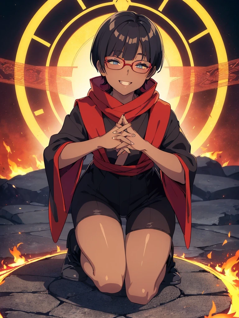 (flat chest:), (masterpiece:1.2), highest quality, High resolution, unity 8k wallpaper, (fine and beautiful eyes:1.6), highly detailed face, perfect lighting, Detailed CG, (perfect hands, perfect anatomy), (1 boy solo:1.4), 20 years old, black hair, extremely beautiful detailfeminine face and eyes, (evil smile:1.4), detailed eyes, best quality,( dark skin:1.8), (turtleneck shirt under yukata:1.2), (bike shorts:1.2), extremely detailed, very precise detailed, (glasses:1.3), blunt bangs, open mouth, (very short pixie cut:1.2), boots,fingerless gloves, smile, (half closed eyes:1.5),(burning fire background:1.3), ,(squat in magic circle on ground:1.1) ,night sky,long sidelocks,(long red Scarf),(yukata),(squatting),(acrobat pose:1.3),(squat:1.3),leaning forward,(one knee dwon:1.5),(Put one foot in front:1.3),(stylish pose:1.4),(Raise only index finger:1.1),(Joining hands:1.5),(retro artstyle:1.2), (1990s \(style\)),(in magic circle on ground only:1.3),(from above:1.2)
