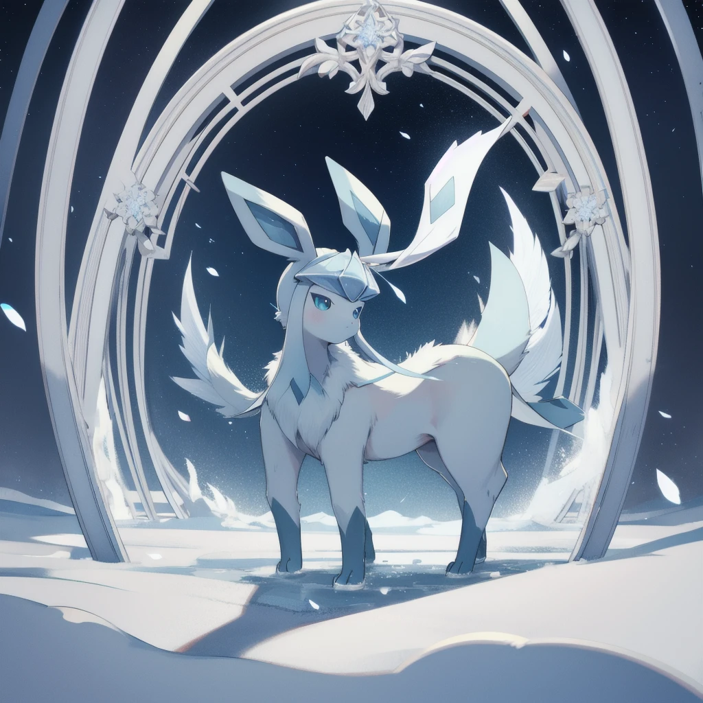 glaceon, snow,pokemon \(creature\),animal,  full body, tree,, (masterpiece, best quality,absurdres: 1.2),, perfect hands,, masterpiece,best quality,ultra-detailed,very detailed illustrations,extremely detailed,intricate details,highres,super complex details,extremely detailed 8k cg wallpaper