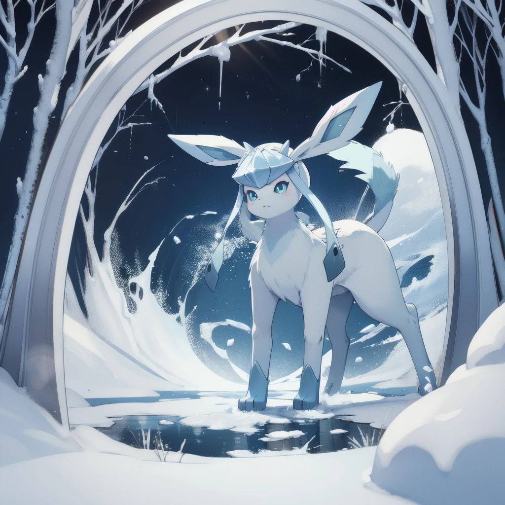 glaceon, snow,pokemon \(creature\),animal,  full body, tree,, (masterpiece, best quality,absurdres: 1.2),, perfect hands,, masterpiece,best quality,ultra-detailed,very detailed illustrations,extremely detailed,intricate details,highres,super complex details,extremely detailed 8k cg wallpaper