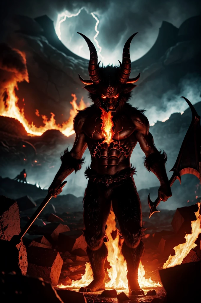 A captivating illustration of a devilish creature with horns, a furry body, and hooves. He stands tall in the fiery depths of Hell, within the temple of Satan. The background showcases an inferno of flames, with lava flows and twisted, tormented souls. The devil wields a pitchfork menacingly, casting an ominous shadow over the scene. The overall atmosphere is dark and foreboding, evoking a sense of fear and awe, photo