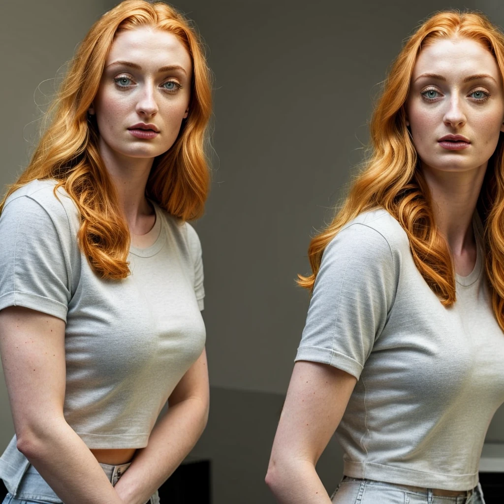 Sophie Turner alone in casual clothes, full upper body, high quality, photorealistic, hyperrealistic, 1 woman solo, stunning cinematic foto