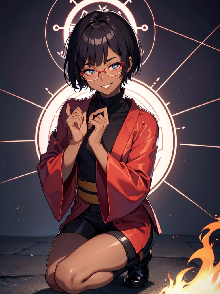 (flat chest:), (masterpiece:1.2), highest quality, High resolution, unity 8k wallpaper, (fine and beautiful eyes:1.6), highly detailed face, perfect lighting, Detailed CG, (perfect hands, perfect anatomy), (1 boy solo:1.4), 20 years old, black hair, extremely beautiful detailfeminine face and eyes, (evil smile:1.4), detailed eyes, best quality,( dark skin:1.8), (turtleneck shirt under yukata:1.2), (bike shorts:1.2), extremely detailed, very precise detailed, (glasses:1.3), blunt bangs, open mouth, (very short pixie cut:1.2), boots,fingerless gloves, smile, (half closed eyes:1.5),(burning fire background:1.3), ,(squat in magic circle on ground:1.1) ,night sky,long sidelocks,(long red Scarf),(yukata),(squatting),(acrobat pose:1.3),(squat:1.3),leaning forward,(one knee dwon:1.5),(Put one foot in front:1.3),(stylish pose:1.4),(Raise only index finger:1.1),(Joining hands:1.5),(retro artstyle:1.2), (1990s \(style\)),(in magic circle on ground only:1.3),(from above:1.2)