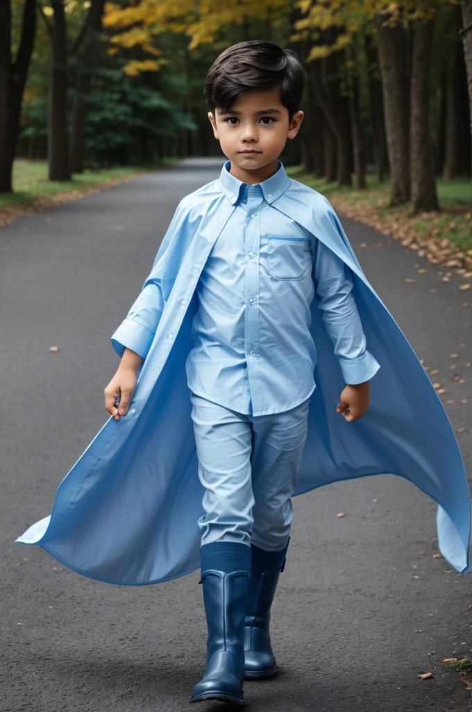 A boy, by the celestial, a sheet as a cape. A light blue shirt, Underneath a loose blue long sleeve shirt, dark blue pants, Boots