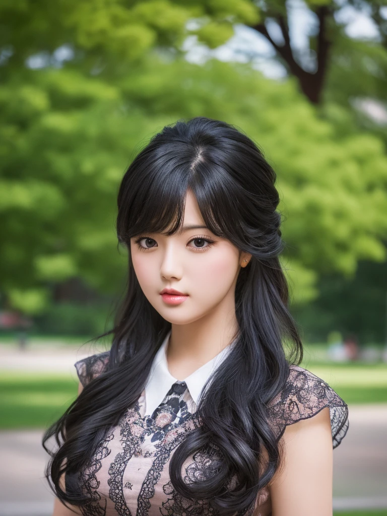 Park Background、masterpiece, Black Hair，Highest quality, figure, Ultra-detailed, finely, High resolution, 8K Wallpaper, Beautiful and fine details, Medium Hair,Color Lip, cute,cute