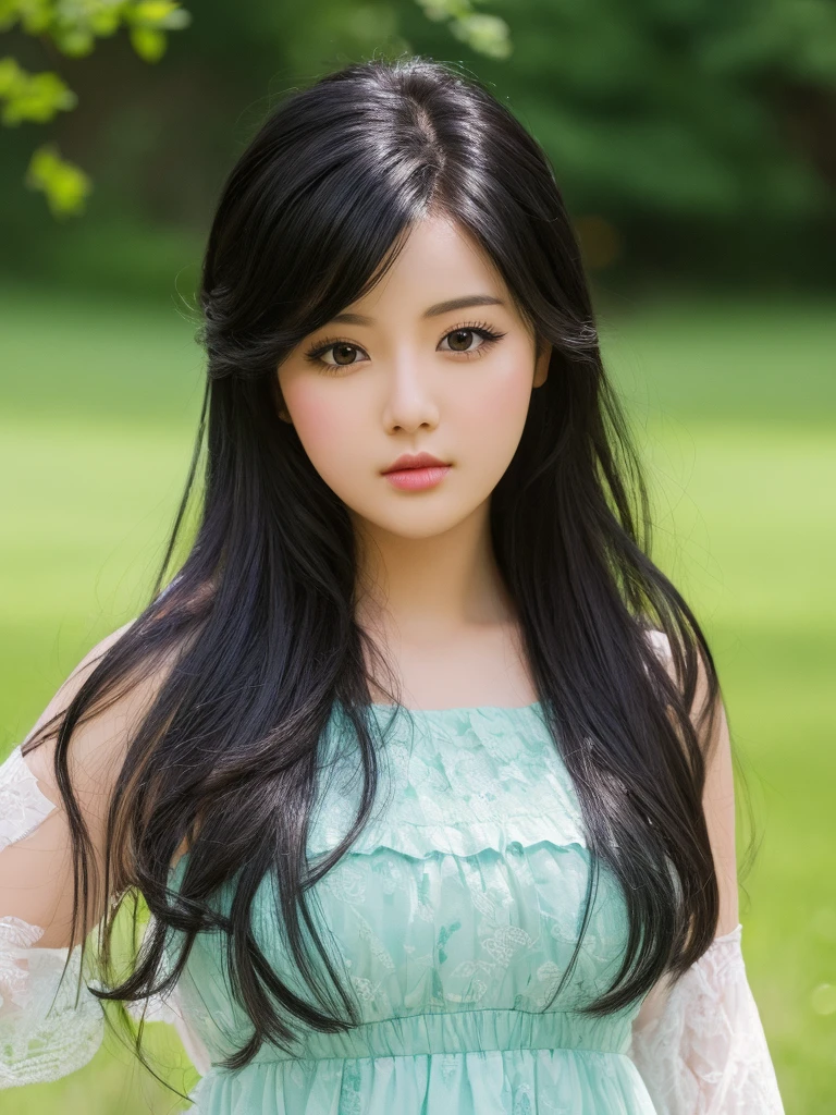 Park Background、masterpiece, Black Hair,Highest quality, figure, Ultra-detailed, finely, High resolution, 8K Wallpaper, Beautiful and fine details, Medium Hair,Color Lip, cute,cute